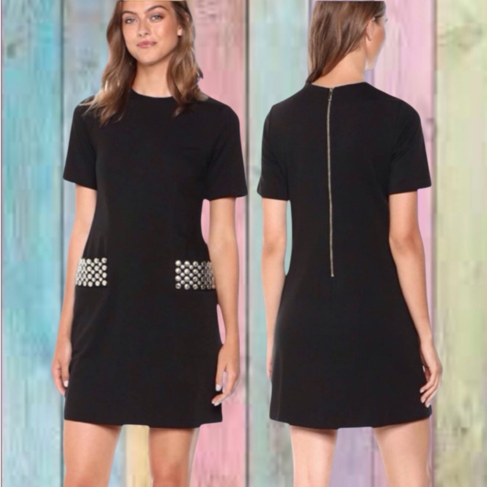Calvin Klein Black Short Sleeve A-line Dress With Studded Pockets NWOT